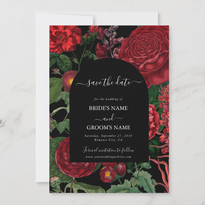 Moody Florals Black Arch Burgundy Red Wedding Invitations & Stationery